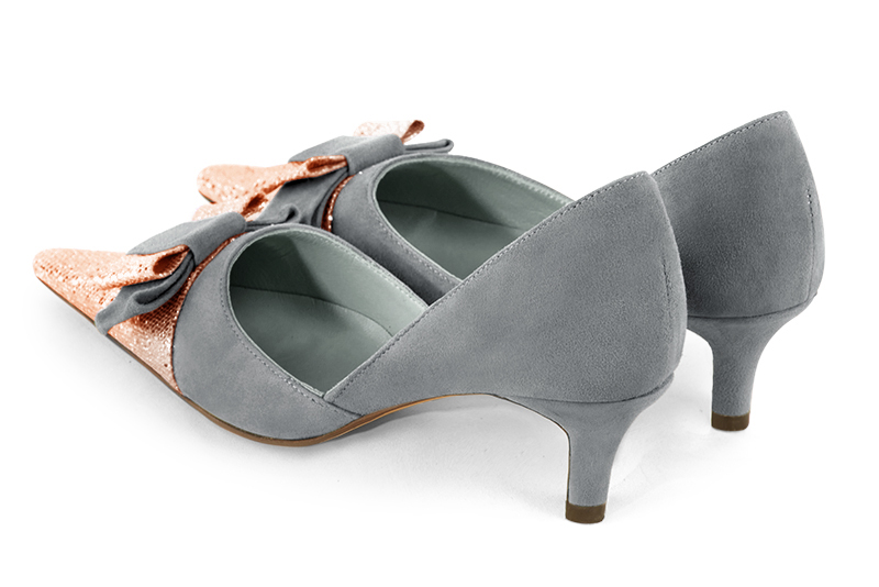 Powder pink and dove grey women's open arch dress pumps. Pointed toe. Medium slim heel. Rear view - Florence KOOIJMAN